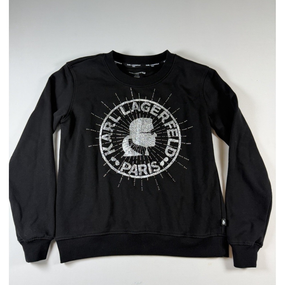 Karl Lagerfeld Paris Women's Black Embelish Rhinestone Graphic Sweatshirt Sz S